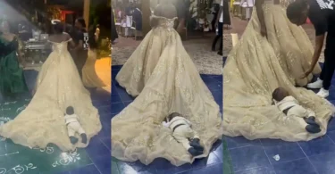 “The marriage is blessed” – Little boy causes stir at wedding as he insists on sleeping on bride’s gown