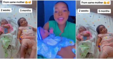 “Superfetation or Irish Twins?”- Nigerian woman stuns many with rare birth of babies; one 5 months old and other 2 weeks old