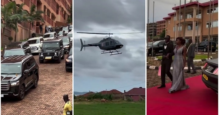 Secondary school students arrive graduation party in helicopter, convoy